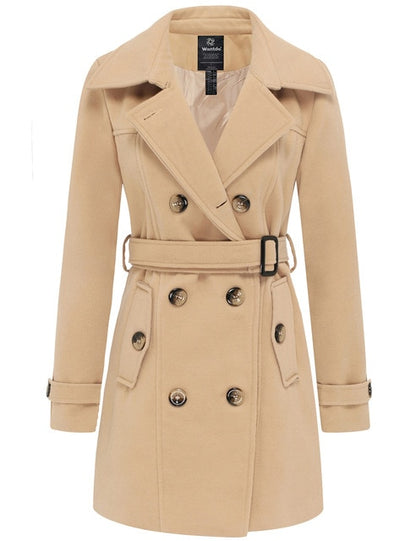 Wantdo Women Winter Trench Jacket Double Breasted Pea Coat With Belt Pockets Mid-Long Plaid Windbreaker Female Coat Outerwear