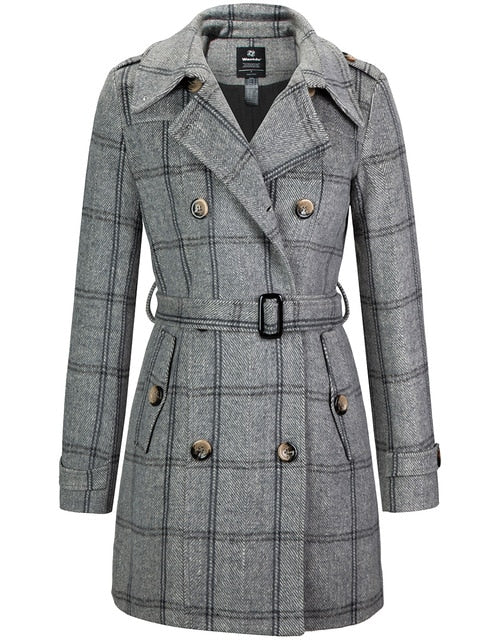 Wantdo Women Winter Trench Jacket Double Breasted Pea Coat With Belt Pockets Mid-Long Plaid Windbreaker Female Coat Outerwear