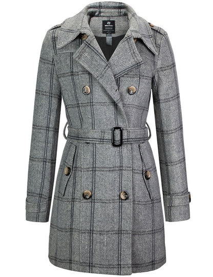 Wantdo Women Winter Trench Jacket Double Breasted Pea Coat With Belt Pockets Mid-Long Plaid Windbreaker Female Coat Outerwear