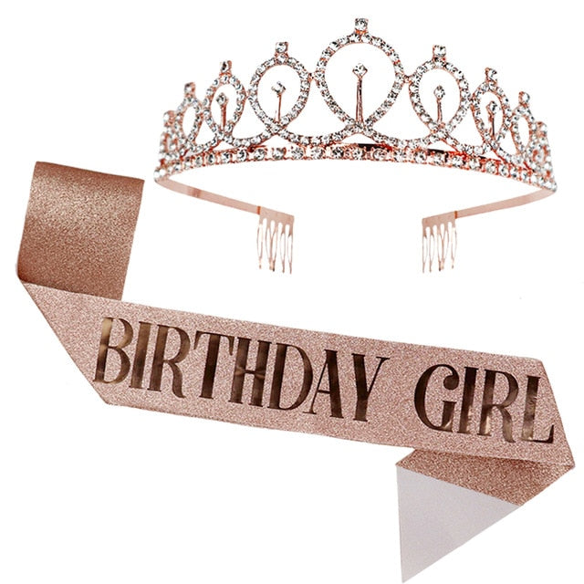 Birthday Party Decoration 18 21 30 40 50 Rose Gold Satin Sash Crystal Crown Tiara Happy Birthday Anniversary Party Supplies