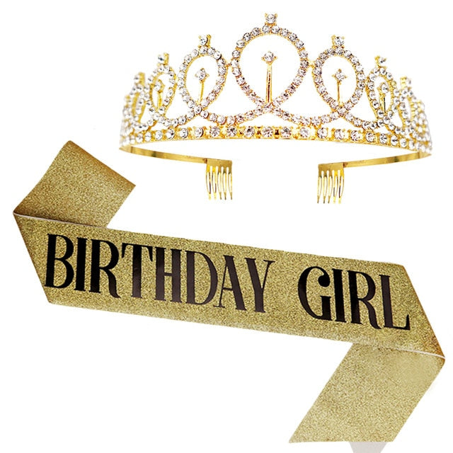 Birthday Party Decoration 18 21 30 40 50 Rose Gold Satin Sash Crystal Crown Tiara Happy Birthday Anniversary Party Supplies