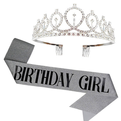 Birthday Party Decoration 18 21 30 40 50 Rose Gold Satin Sash Crystal Crown Tiara Happy Birthday Anniversary Party Supplies