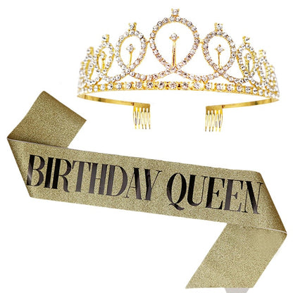 Birthday Party Decoration 18 21 30 40 50 Rose Gold Satin Sash Crystal Crown Tiara Happy Birthday Anniversary Party Supplies