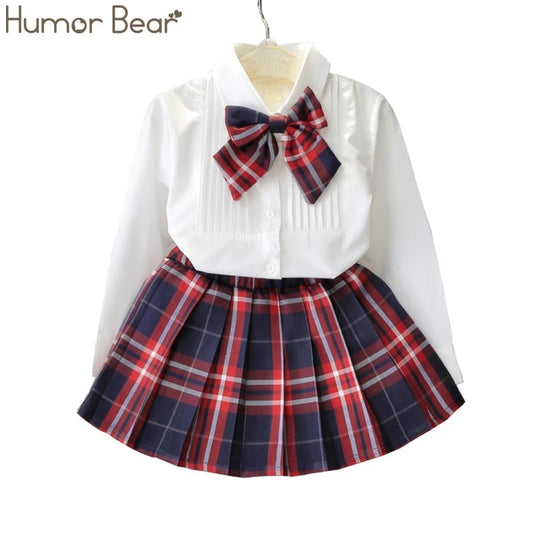 Humor Bear Autumn Kids Baby Girl Clothes Long Sleeve T-shirt+Grid Skirt +bowknot Casual suits Student Girls' Clothing Sets
