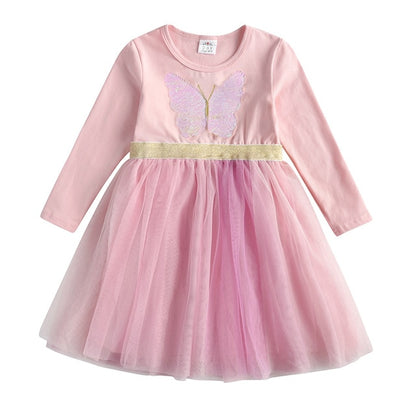 VIKITA Autumn Girls Dress Butterfly Sequins Kids Long Sleeve Dresses Baby Girls Princess Dress Party Clothes Birthday Dresses