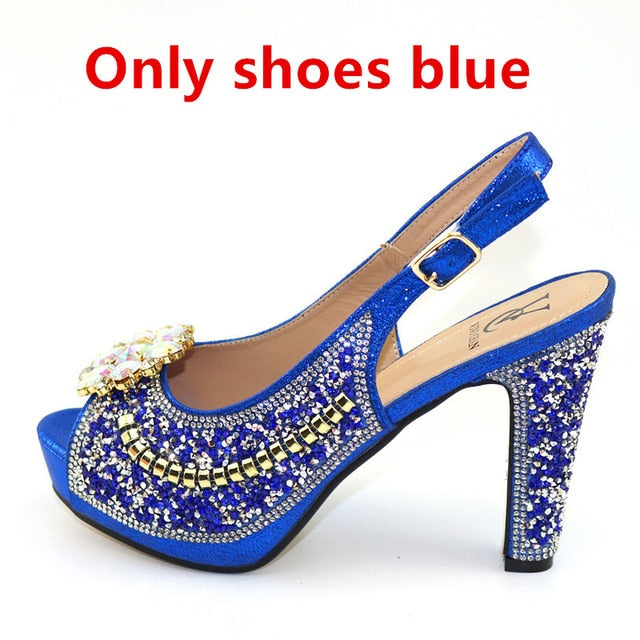 Ladies Italian Leather Shoe and Bag Set Blue Color Italian Shoe with Matching Bag Set 2018 Nigerian Shoes and Bag Set for Party