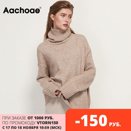 Aachoae Autumn Winter Women Knitted Turtleneck Cashmere Sweater 2020 Casual Basic Pullover Jumper Batwing Long Sleeve Loose Tops