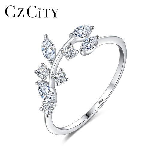 CZCITY Korean 925 Sterling Silver Handmade Olive Leaf Rings for Women Exquisite CZ Stone Adjustable Open Ring Silver 925 Jewelry