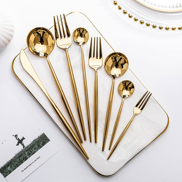 Mirror Gold Forks Spoons Knives Tableware Steel Cutlery Set Stainless Steel Silverware Set Gold Chopstick Spoon Knife Fork Sets