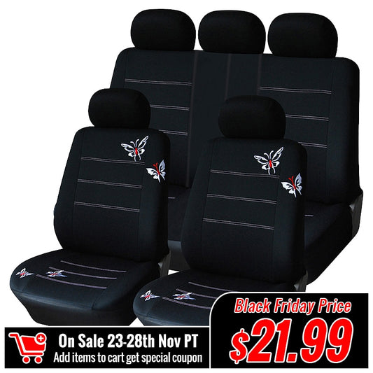 AUTOYOUTH Butterfly Embroidered Car Seat Cover Universal Fit Most Vehicles Seats Interior Accessories Black Seat Covers