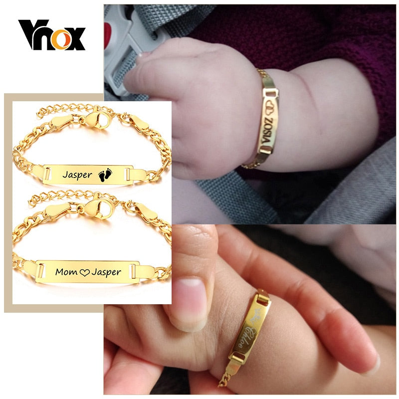 Vnox Personalize Mom Baby Name Bracelets Non Allergy Stainless Steel Infant Baptism Custom Family Love Gifts Adjustable Jewelry