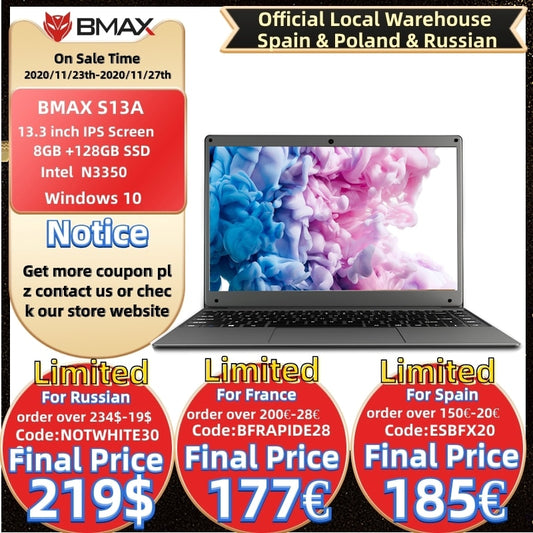 BMAX S13A 13.3 inch Intel N3350 Laptop window10 Notebook 8GB LPDDR4 128GB SSD 1920*1080 IPS Intel  Laptops