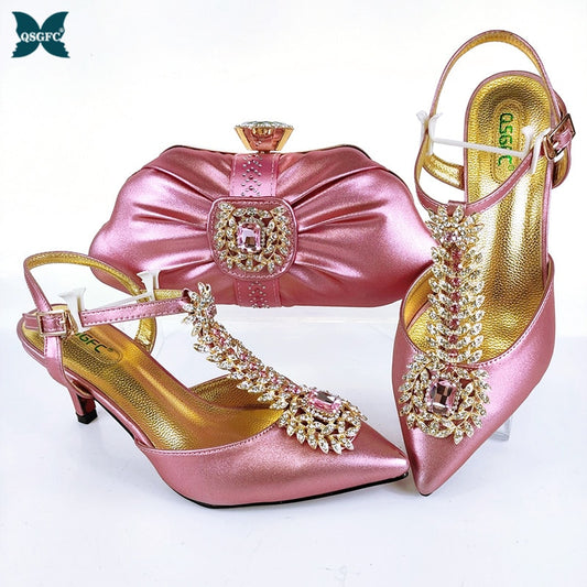 2020 New Arrival Fashion Style Italian Design Pink Color Ladies Shoes and Bags To Match Set Decorated with Rhinestone for Party