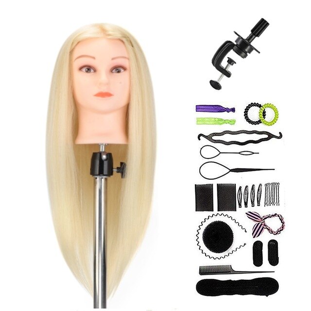 NEVERLAND  26" 100% Real Hair Training Mannequin Head Curling Women Professional Hairdresser Practice Manikin  Head with Stand