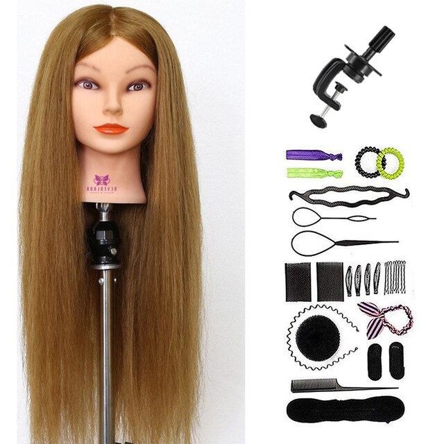 NEVERLAND  26" 100% Real Hair Training Mannequin Head Curling Women Professional Hairdresser Practice Manikin  Head with Stand