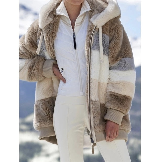 S-5XL Winter Coat Jacket Hooded Warm Plush Loose Jacket for Women  Patchwork Winter Outwear Faux Fur Zipper Ladies Parka Coat
