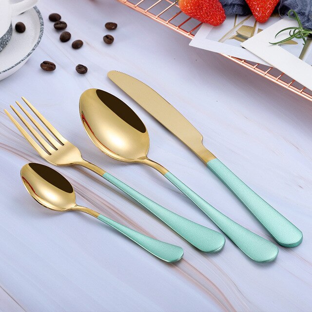 Gold Spoon Knife Set Gold Cutlery Knives Sets Wedding Tableware Forks Knives Spoons Silverware Travel Cutlery Set Dropshipping