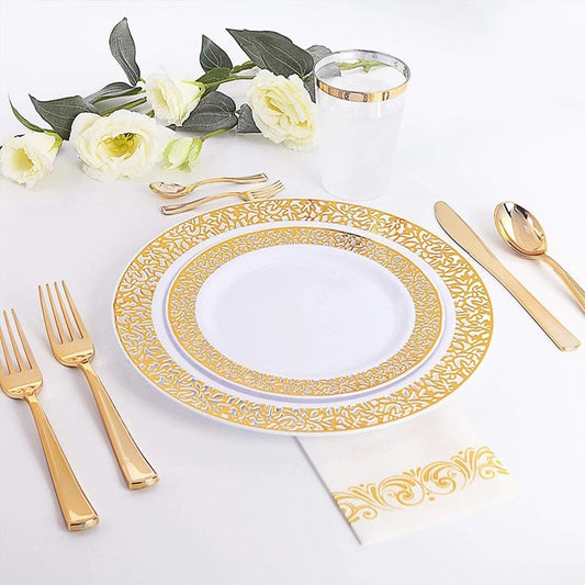 60pcs/lot Wedding party home supplie Plastic Party Plates for 10 people party Gold Disposable Plates Plastic Wedding Supplies