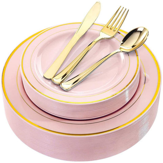 50pcs/lot Pink Plastic Plates with Gold Disposable Gold Plastic Silverware with Gold Lace Dinnerware for Wedding party Parties