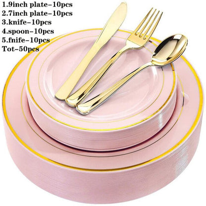 50pcs/lot Pink Plastic Plates with Gold Disposable Gold Plastic Silverware with Gold Lace Dinnerware for Wedding party Parties