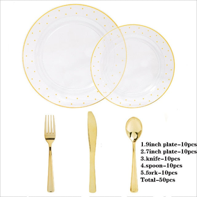 50pcs/lot Pink Plastic Plates with Gold Disposable Gold Plastic Silverware with Gold Lace Dinnerware for Wedding party Parties