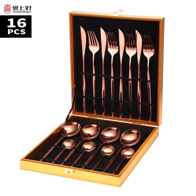 16Pcs Food Stainless Steel Dinnerware Set Gold Cutlery Spoon Fork Knife Western Cutleri Silverware Spoons Tableware Set Supplies
