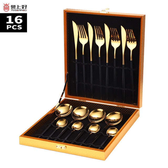16Pcs Food Stainless Steel Dinnerware Set Gold Cutlery Spoon Fork Knife Western Cutleri Silverware Spoons Tableware Set Supplies