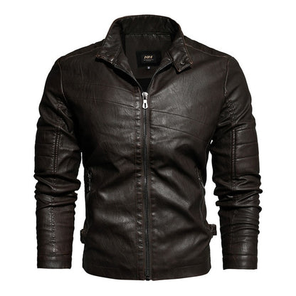 The New 2020 Winter Men's Motorcycle Leather Jacket with a Brown Leather Coat Lined with Velvet