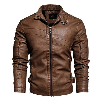 The New 2020 Winter Men's Motorcycle Leather Jacket with a Brown Leather Coat Lined with Velvet