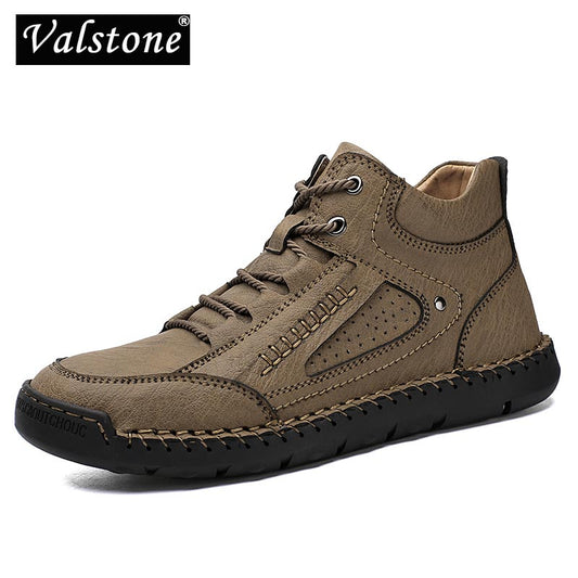 Valstone Leather Men Boots Casual Lace-up Flat Man High-top Shoes Winter Outdoor Warm Lining Vintage Street Shoes Big Size 38-48