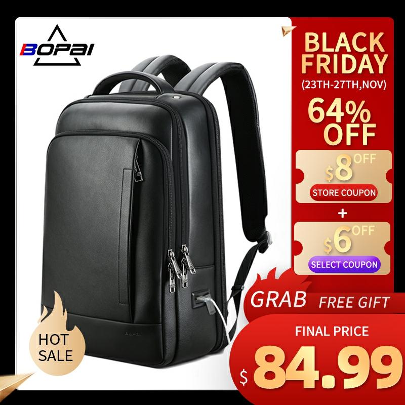 BOPAI Genuine Leather Backpack Laptop Mens Business Casual Waterproof Back Pack Male Computer Bagpack Black Backpacking