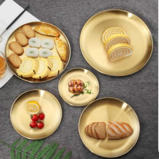 European Style Gold Dinner Plates Serving Dishes  Kitchen Round Cake Tray Western Steak Plates    WJ41801