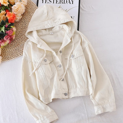 Women Double Pockets Hooded Coat Single Breasted Denim Jacket Women Autumn New Solid Color Simple Long Sleeve Tops PL508