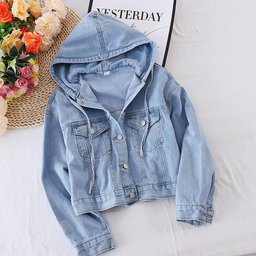 Women Double Pockets Hooded Coat Single Breasted Denim Jacket Women Autumn New Solid Color Simple Long Sleeve Tops PL508