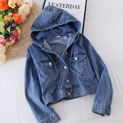 Women Double Pockets Hooded Coat Single Breasted Denim Jacket Women Autumn New Solid Color Simple Long Sleeve Tops PL508