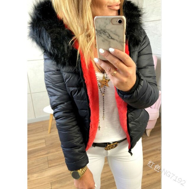 WEPBEL Women Fashion Autumn Winter Warm Thick Jackets Outwear Casual Fur Slim Solid Color Full Sleeve Hooded Ladies Jacket