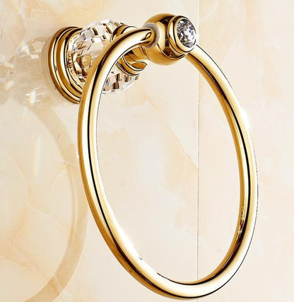 Luxury Zirconium Gold Solid Brass Toilet Paper Holder Polished Towel Bar Crystal Round Base Towel Ring Bathroom Accessories