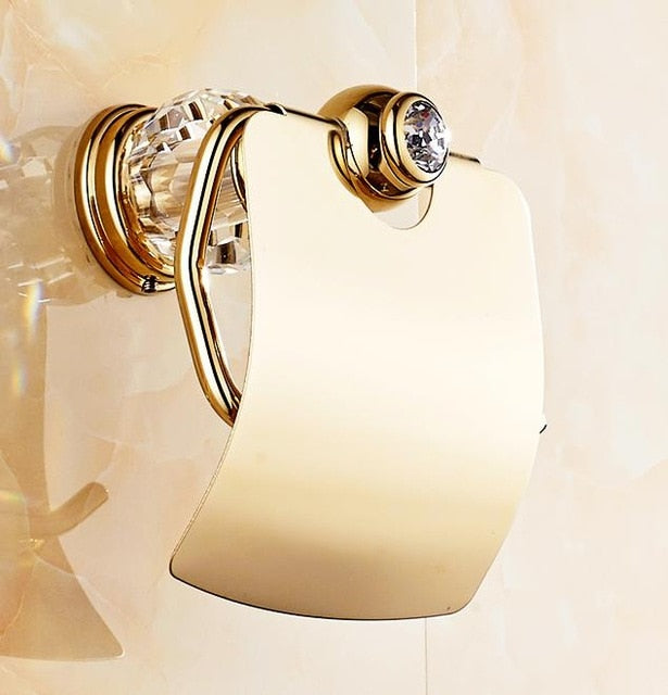 Luxury Zirconium Gold Solid Brass Toilet Paper Holder Polished Towel Bar Crystal Round Base Towel Ring Bathroom Accessories