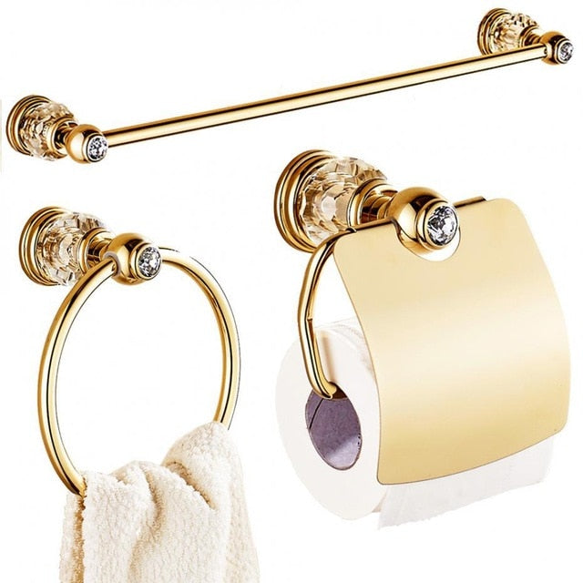 Luxury Zirconium Gold Solid Brass Toilet Paper Holder Polished Towel Bar Crystal Round Base Towel Ring Bathroom Accessories