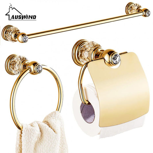 Luxury Zirconium Gold Solid Brass Toilet Paper Holder Polished Towel Bar Crystal Round Base Towel Ring Bathroom Accessories