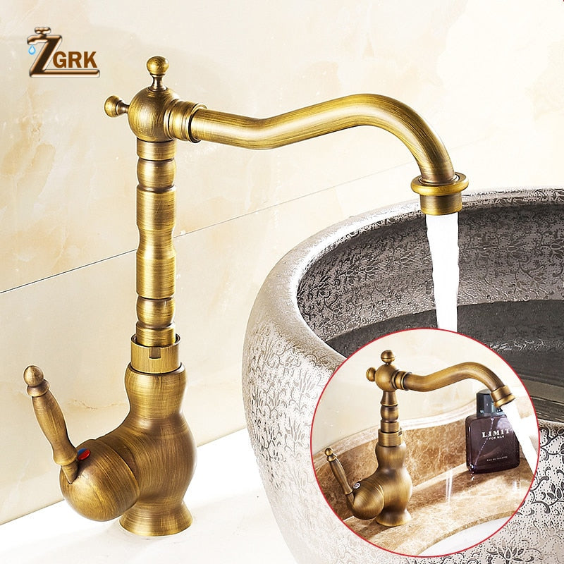 ZGRK Home Improvement Accessories Antique Brass Kitchen Faucet 360 Swivel Bathroom Basin Sink Mixer Tap Crane