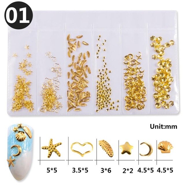 1 Pack Mixed 3D DIY Hollow Metal Frame Nail Art Decorations Gold Rivet Manicure Accessories Summer Shell Slider Nail Studs