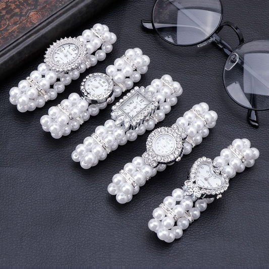 Women Watch Simulated Pearl Rhinestone Luxury Elegant Wrist Band Bracelet Jewelry Gifts Lady Elastic Universal Charms